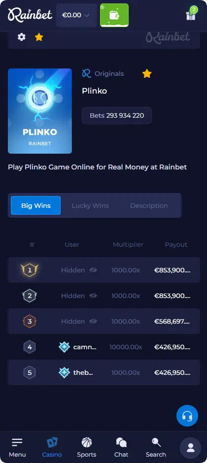 Grandi vincite del gioco Plinko che mostrano i pagamenti più alti e moltiplicatori fino a 10000x