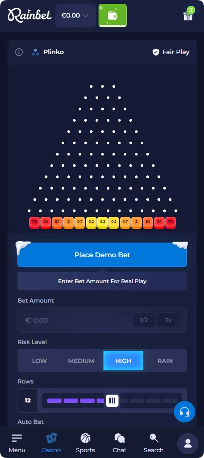 Gioco Plinko con impostazione ad alto rischio e moltiplicatori di varianza più elevati da 0,2x a 170x