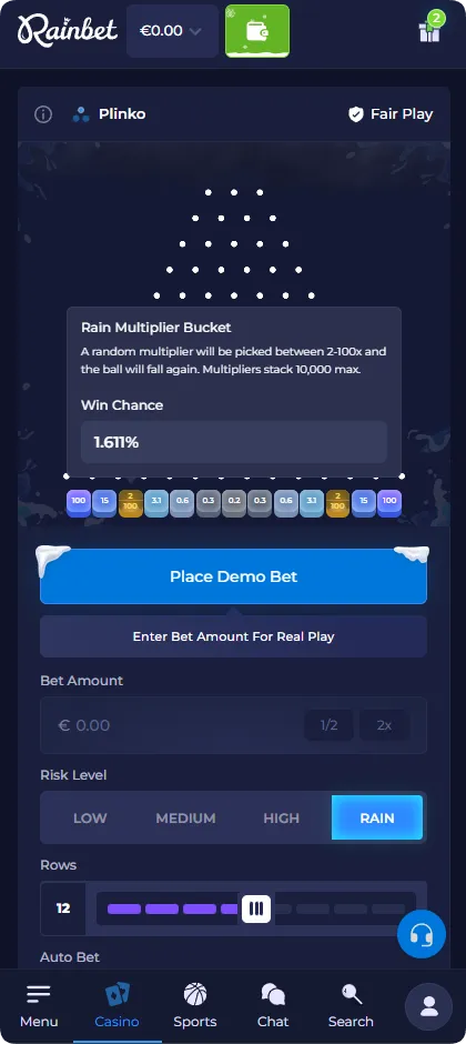 Interfaccia della modalità pioggia Plinko che mostra un moltiplicatore casuale tra 2 e 100x con una probabilità di vincita del 1,611%