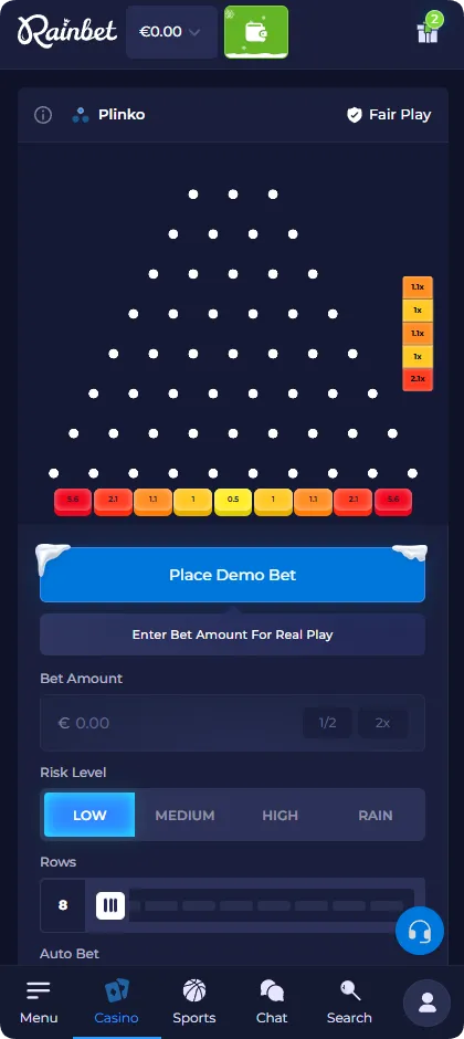 Moltiplicatori a basso rischio ricevuti nel gioco Plinko Rainbet