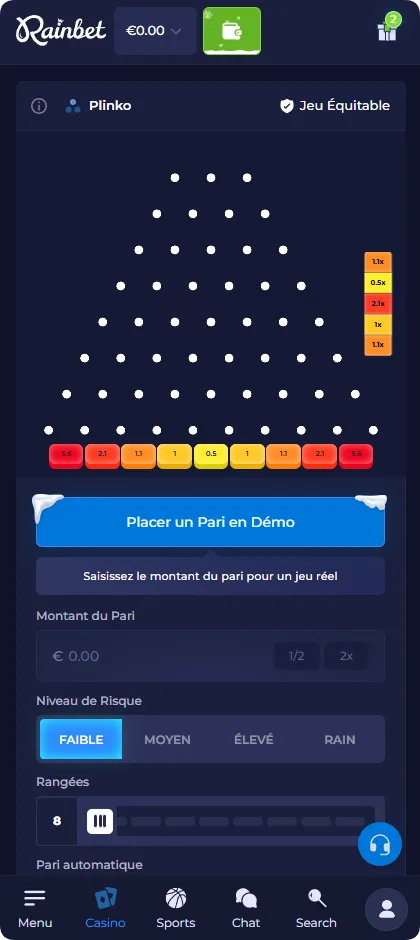 Multiplicateurs à faible risque obtenus au jeu Plinko Rainbet