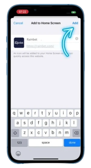 'Add to Home Screen' confirmation screen for the Rainbet shortcut, with an arrow on the 'Add' button.
