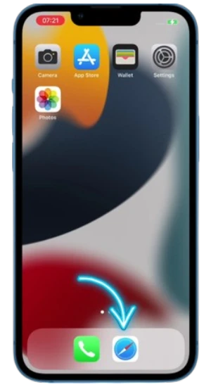 Close-up of an iPhone screen with a blue arrow pointing to the Safari icon in the bottom dock to open the Rainbet site.