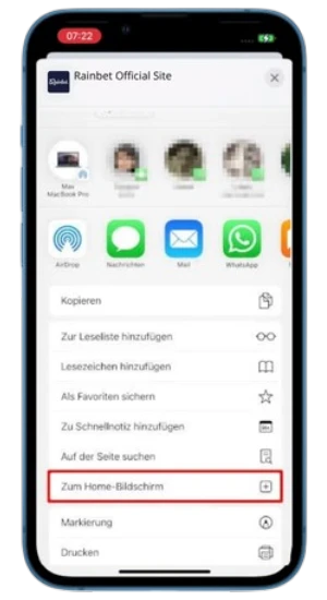 The iOS share menu open on the Rainbet platform, with the 'Add to Home Screen' option highlighted by a red box.