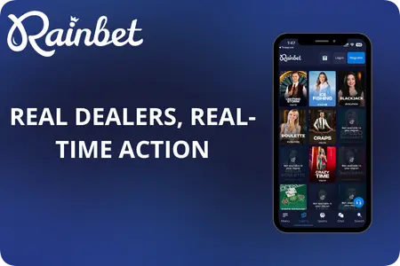 Professional live dealers at Rainbet Casino hosting roulette and blackjack tables in a high-definition streaming studio