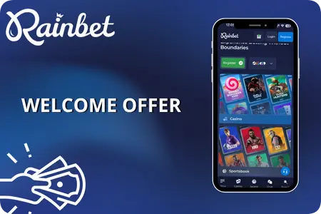 A man using a smartphone to play Rainbet Plinko, with a promotional overlay showing a welcome bonus 