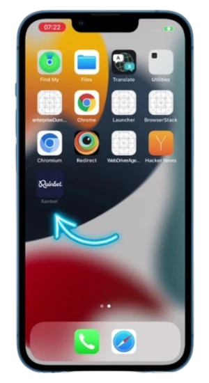 An iPhone home screen showing the new dark Rainbet icon, indicated by a blue arrow.