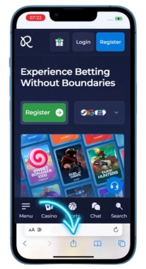 The Rainbet mobile site loaded on Safari, with a blue arrow pointing to the Share icon at the bottom of the screen.