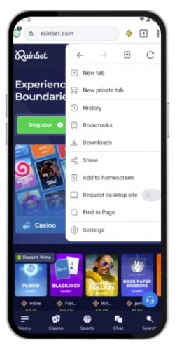 An open browser settings menu on Android showing various navigation options like history and downloads for the Rainbet download.