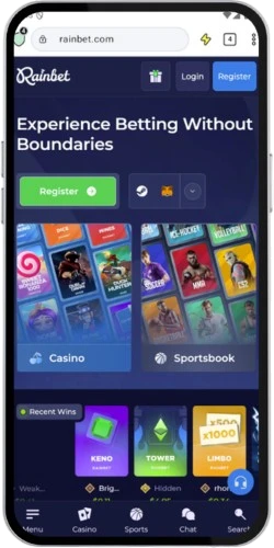 Android-toestel met casino- en sportsbookcategorieën, die laat zien hoe u Rainbet kunt downloaden.
