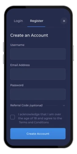 Het registratieformulier 'Account aanmaken' op het mobiele platform van Rainbet.