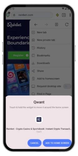 Het Rainbet Android-browsermenu met de optie 'Zet op beginscherm' zichtbaar in de lijst.